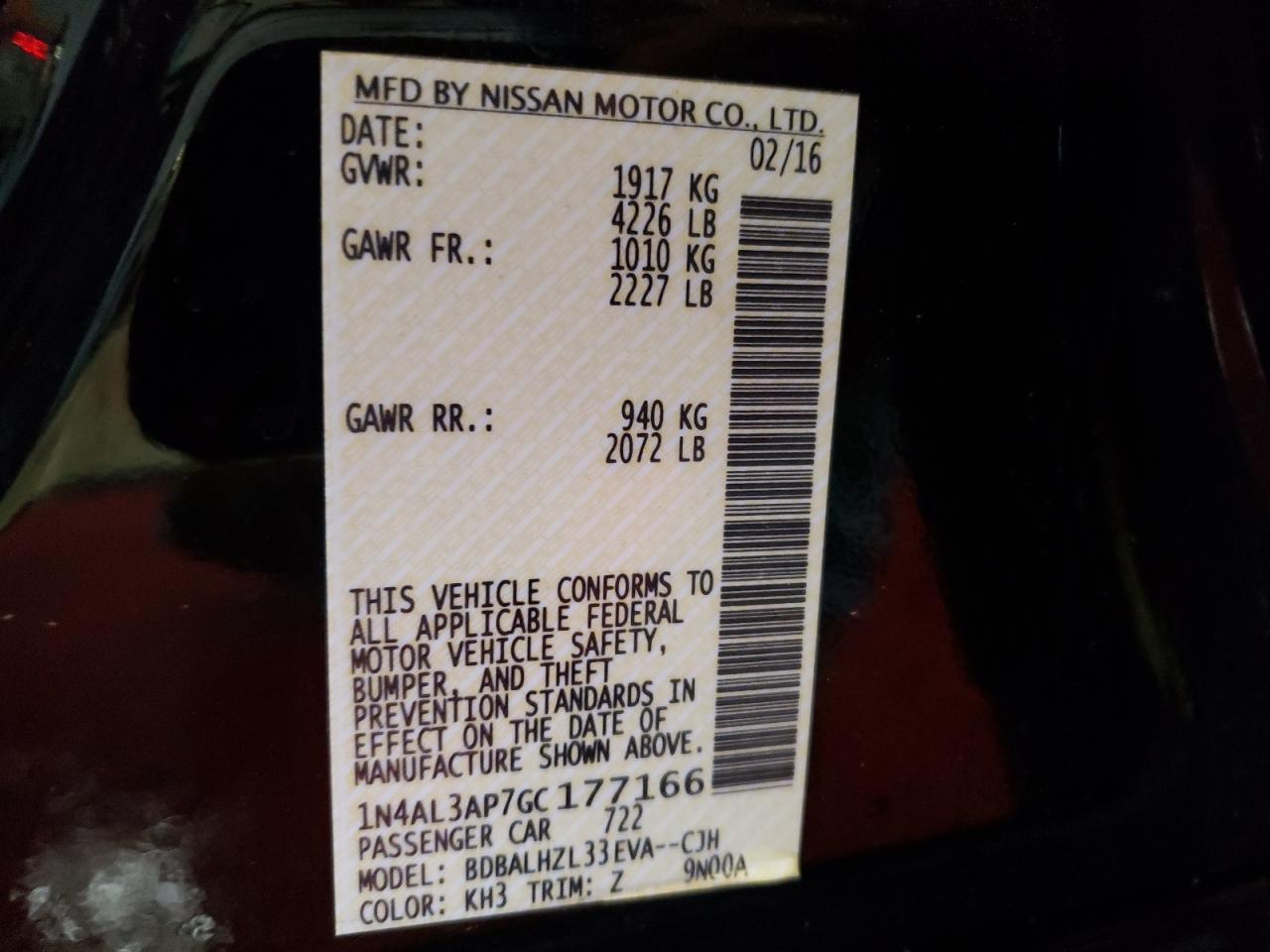 Photo 10 from auction – 2016 NISSAN ALTIMA 2.5 with VIN 1N4AL3AP7GC177166