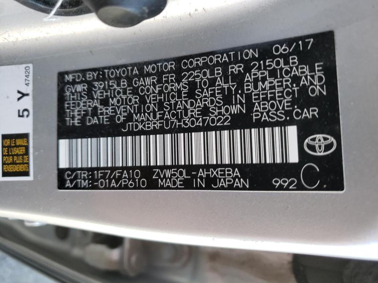 Photo 10 from auction – 2017 TOYOTA PRIUS with VIN JTDKBRFU7H3047022