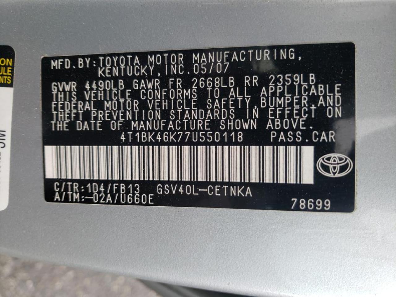 Photo 10 from auction – 2007 TOYOTA CAMRY LE with VIN 4T1BK46K77U550118