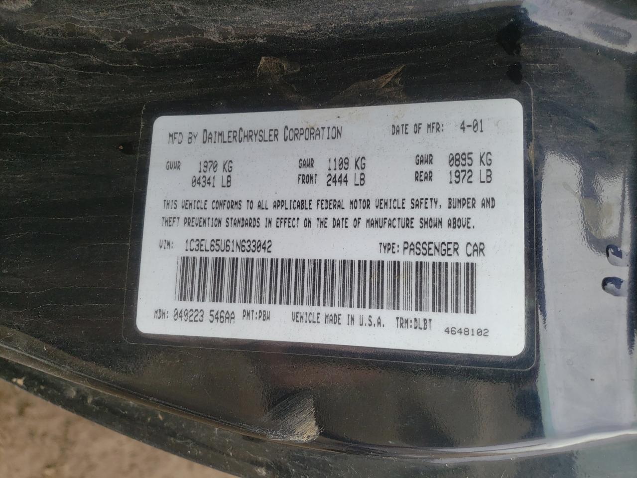 Photo 10 from auction – 2001 CHRYSLER SEBRING LI with VIN 1C3EL65U61N633042