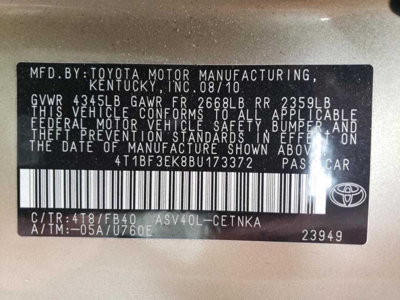 Photo 10 from auction – 2011 TOYOTA CAMRY BASE with VIN 4T1BF3EK8BU173372