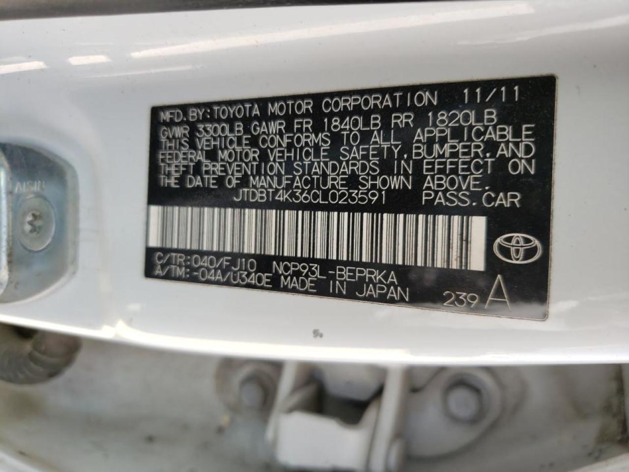 Photo 10 from auction – 2012 TOYOTA YARIS with VIN JTDBT4K36CL023591