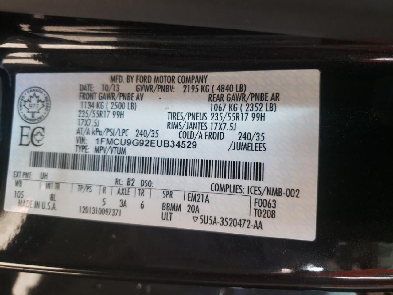 Photo 10 from auction – 2014 FORD ESCAPE SE with VIN 1FMCU9G92EUB34529