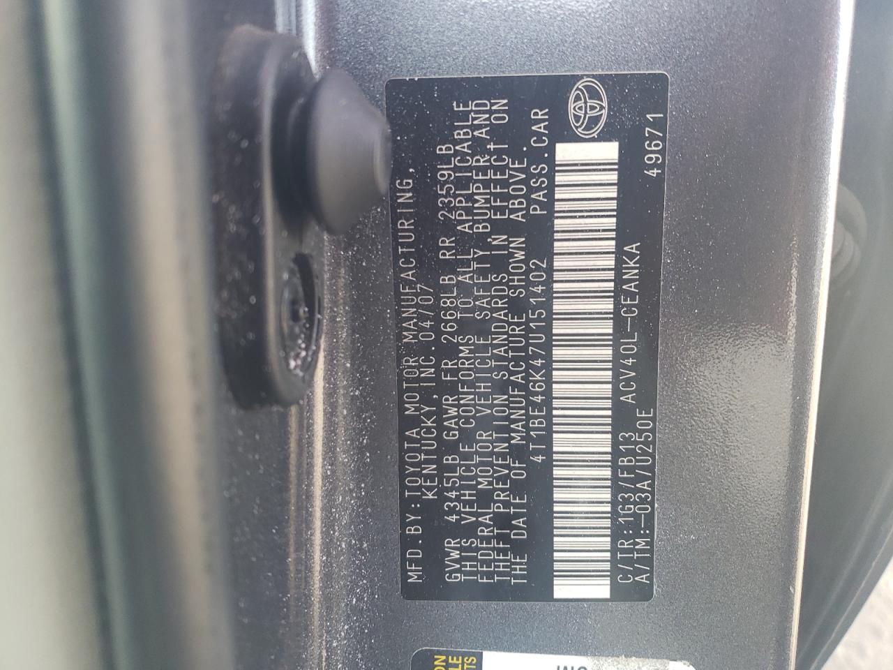 Photo 10 from auction – 2007 TOYOTA CAMRY CE with VIN 4T1BE46K47U151402