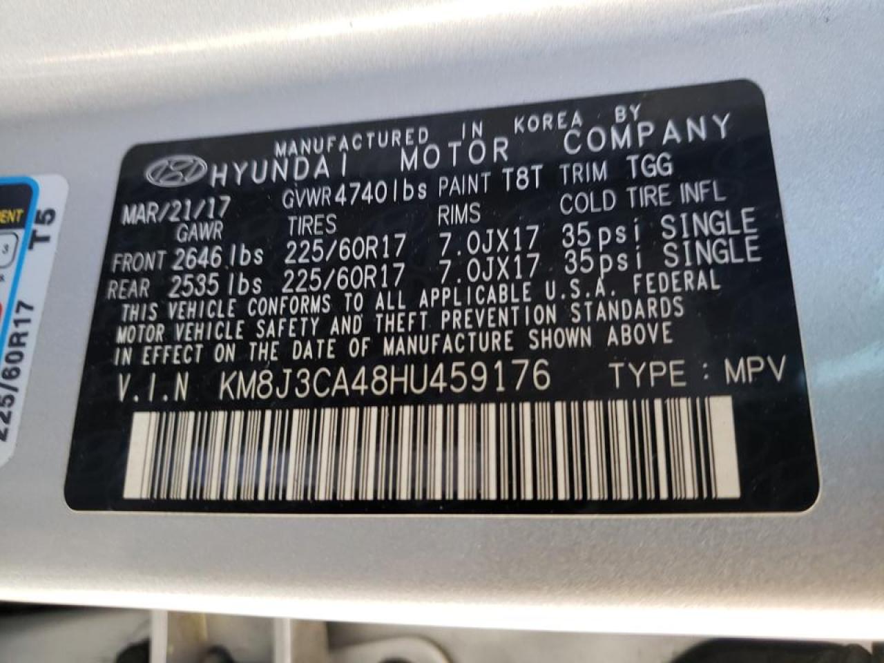 Photo 10 from auction – 2017 HYUNDAI TUCSON LIM with VIN KM8J3CA48HU459176