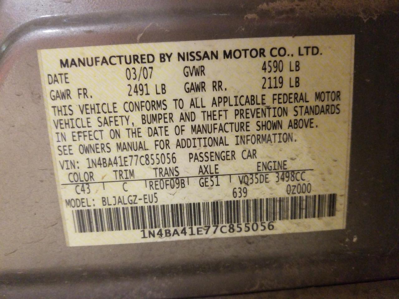 Photo 10 from auction – 2007 NISSAN MAXIMA SE with VIN 1N4BA41E77C855056