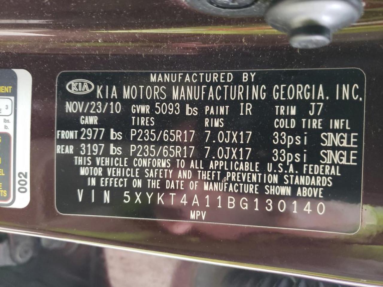 Photo 10 from auction – 2011 KIA SORENTO BA with VIN 5XYKT4A11BG130140