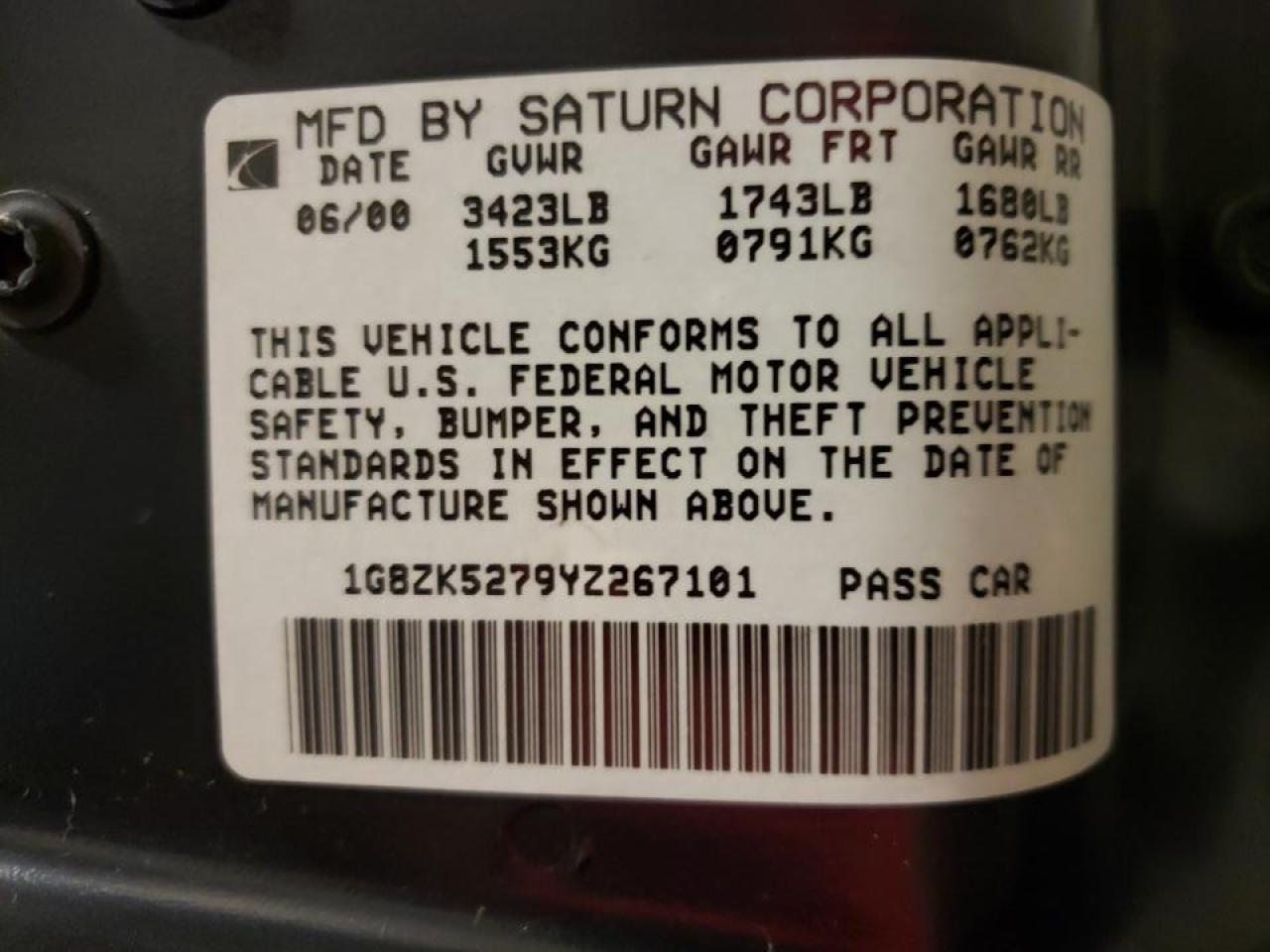 Photo 10 from auction – 2000 SATURN SL2 with VIN 1G8ZK5279YZ267101