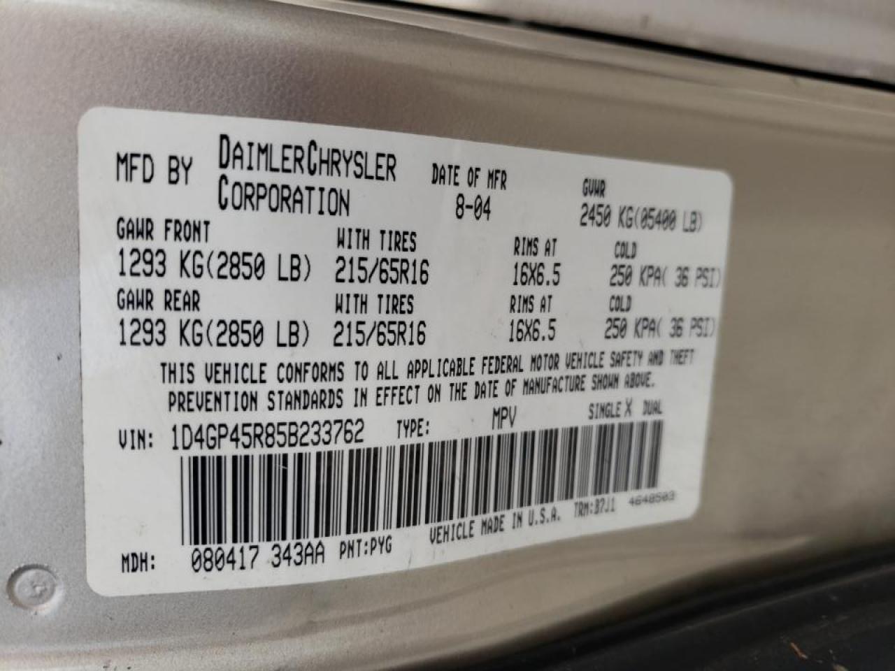 Photo 10 from auction – 2005 DODGE CARAVAN SX with VIN 1D4GP45R85B233762