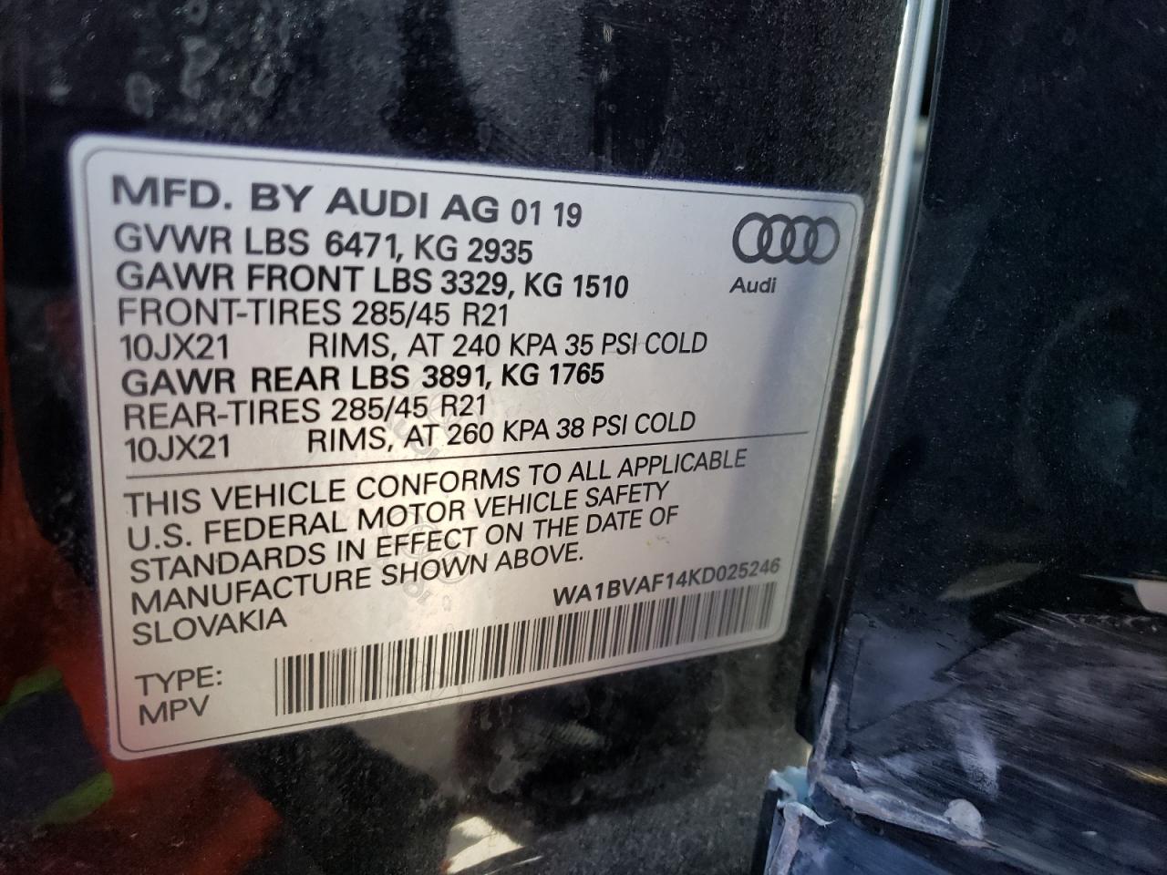 Photo 10 from auction – 2019 AUDI Q8 PREMIUM with VIN WA1BVAF14KD025246