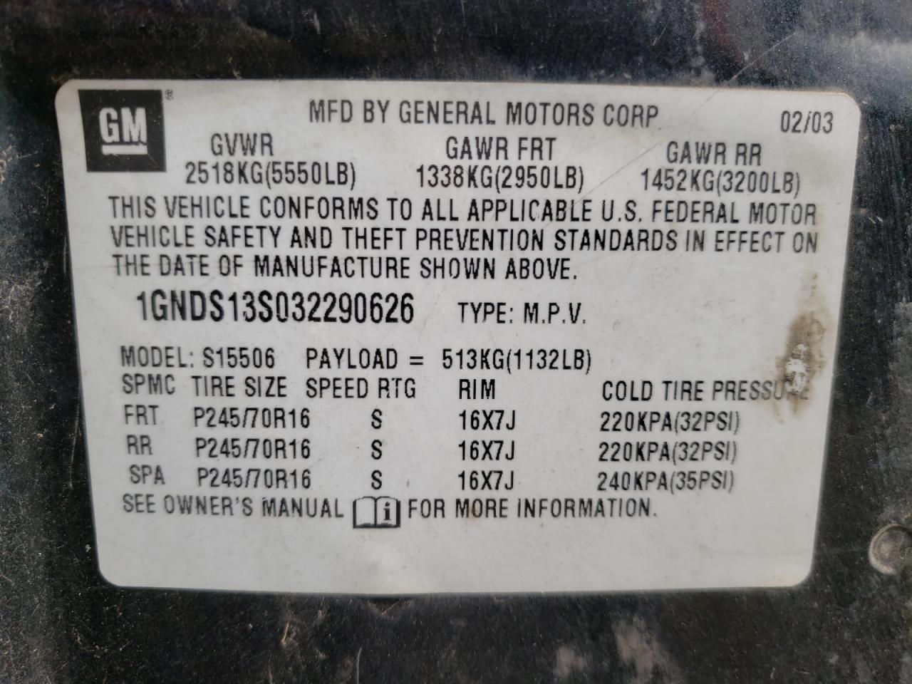 Photo 10 from auction – 2003 CHEVROLET TRAILBLAZE with VIN 1GNDS13S032290626