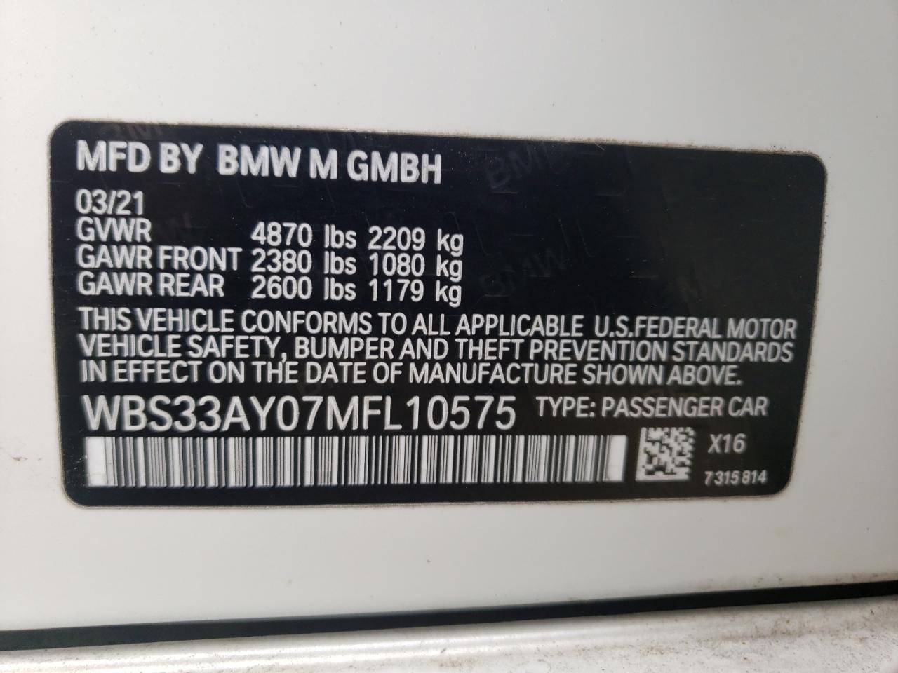 Photo 10 from auction – 2021 BMW M3 COMPETI with VIN WBS33AY07MFL10575