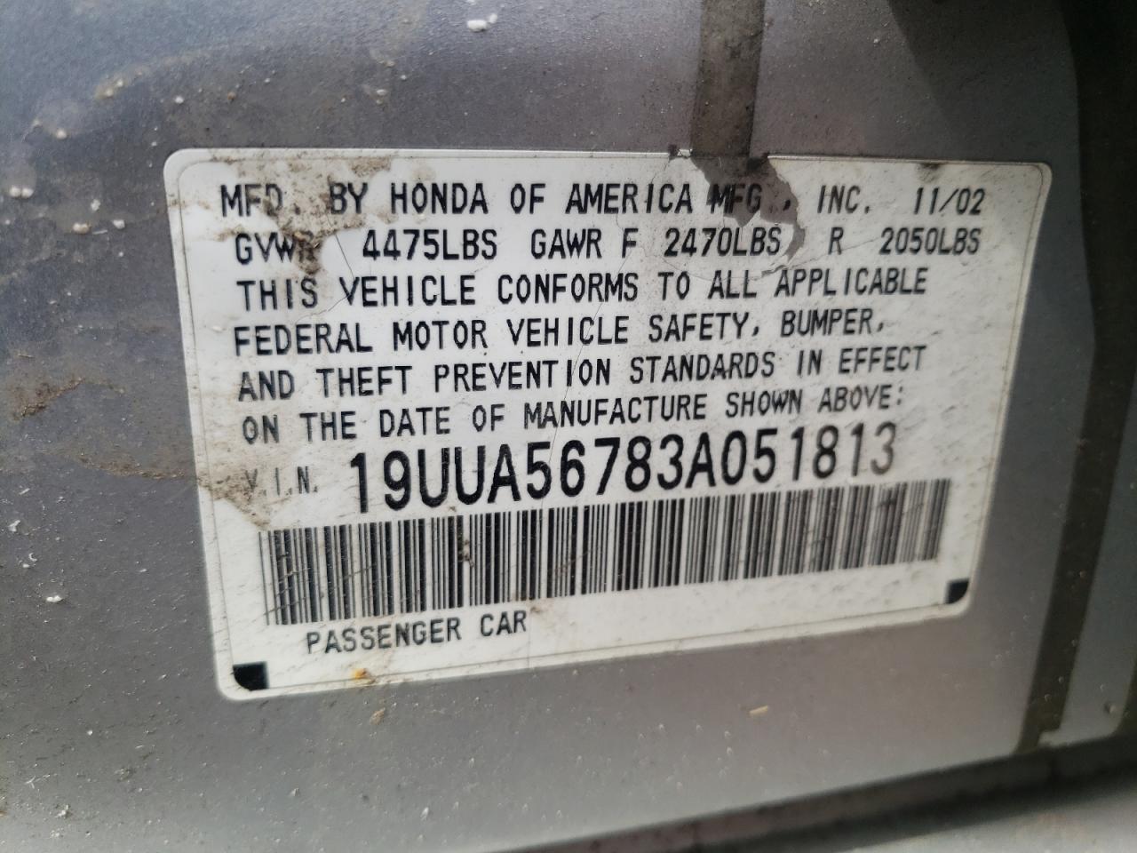 Photo 10 from auction – 2003 ACURA 3.2TL with VIN 19UUA56783A051813