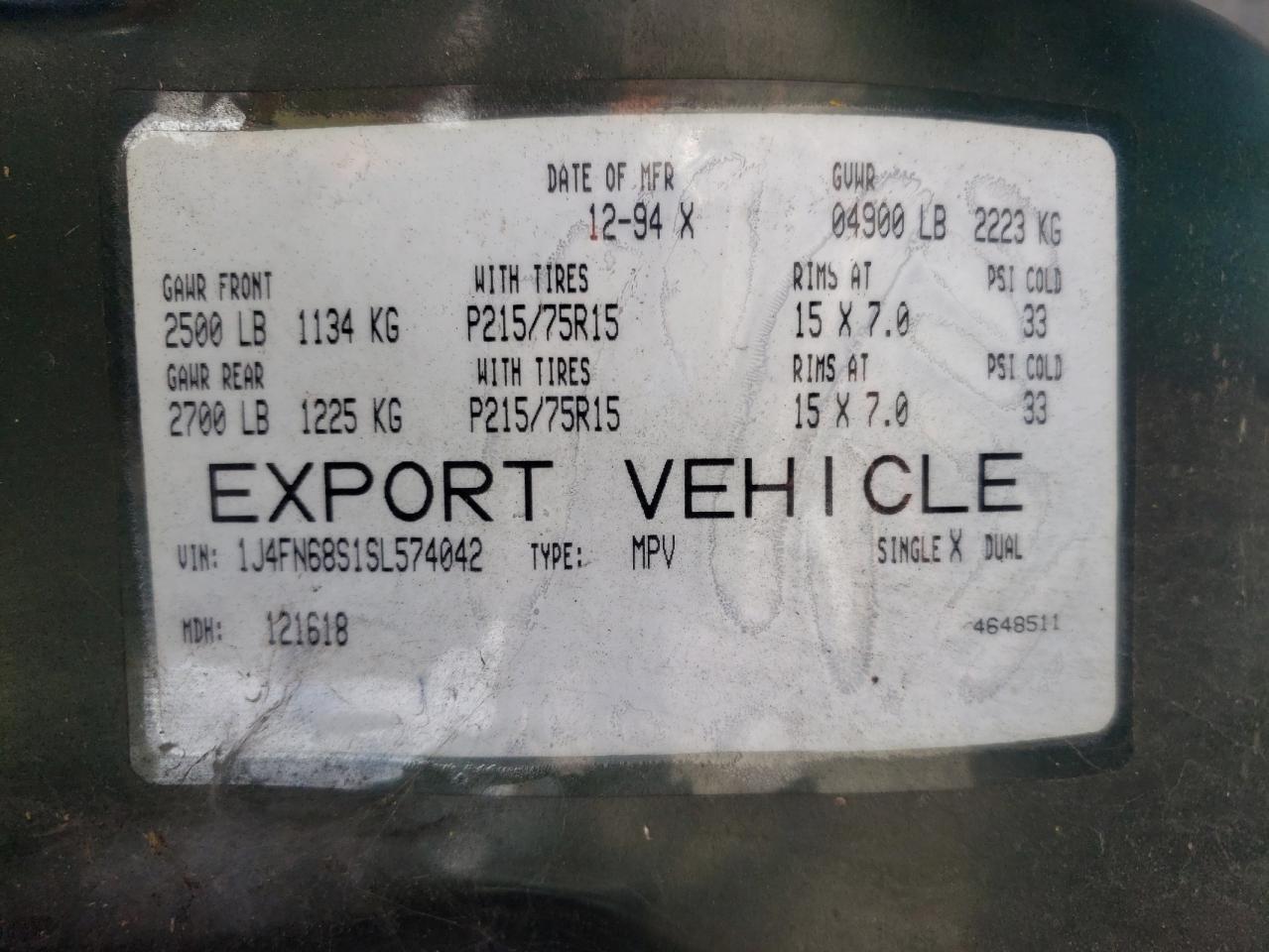Photo 10 from auction – 1995 JEEP CHEROKEE S with VIN 1J4FN68S1SL574042