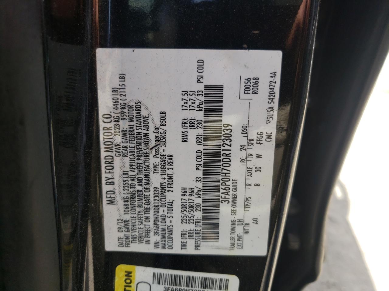 Photo 10 from auction – 2013 FORD FUSION SE with VIN 3FA6P0H70DR123039
