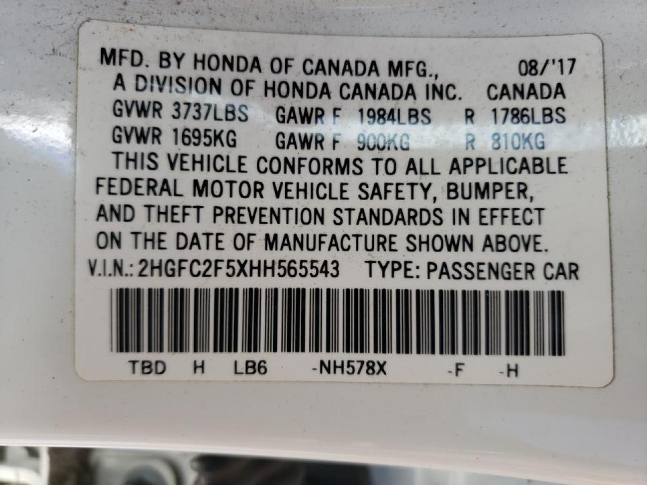 Photo 10 from auction – 2017 HONDA CIVIC LX with VIN 2HGFC2F5XHH565543