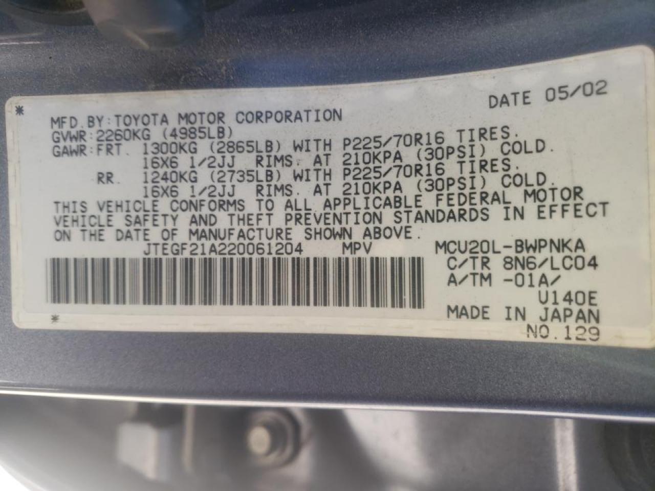 Photo 10 from auction – 2002 TOYOTA HIGHLANDER with VIN JTEGF21A220061204