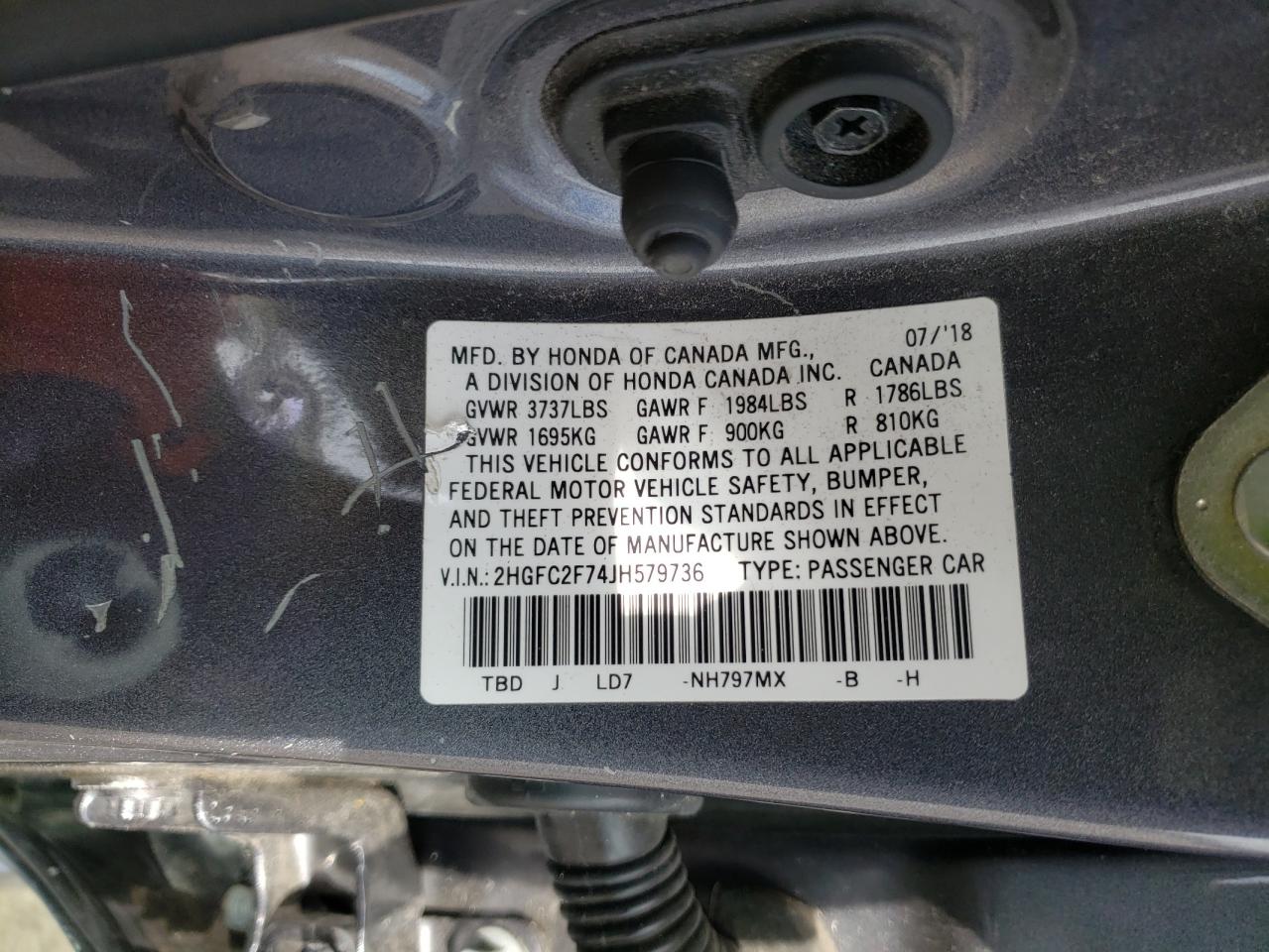 Photo 10 from auction – 2018 HONDA CIVIC EX with VIN 2HGFC2F74JH579736