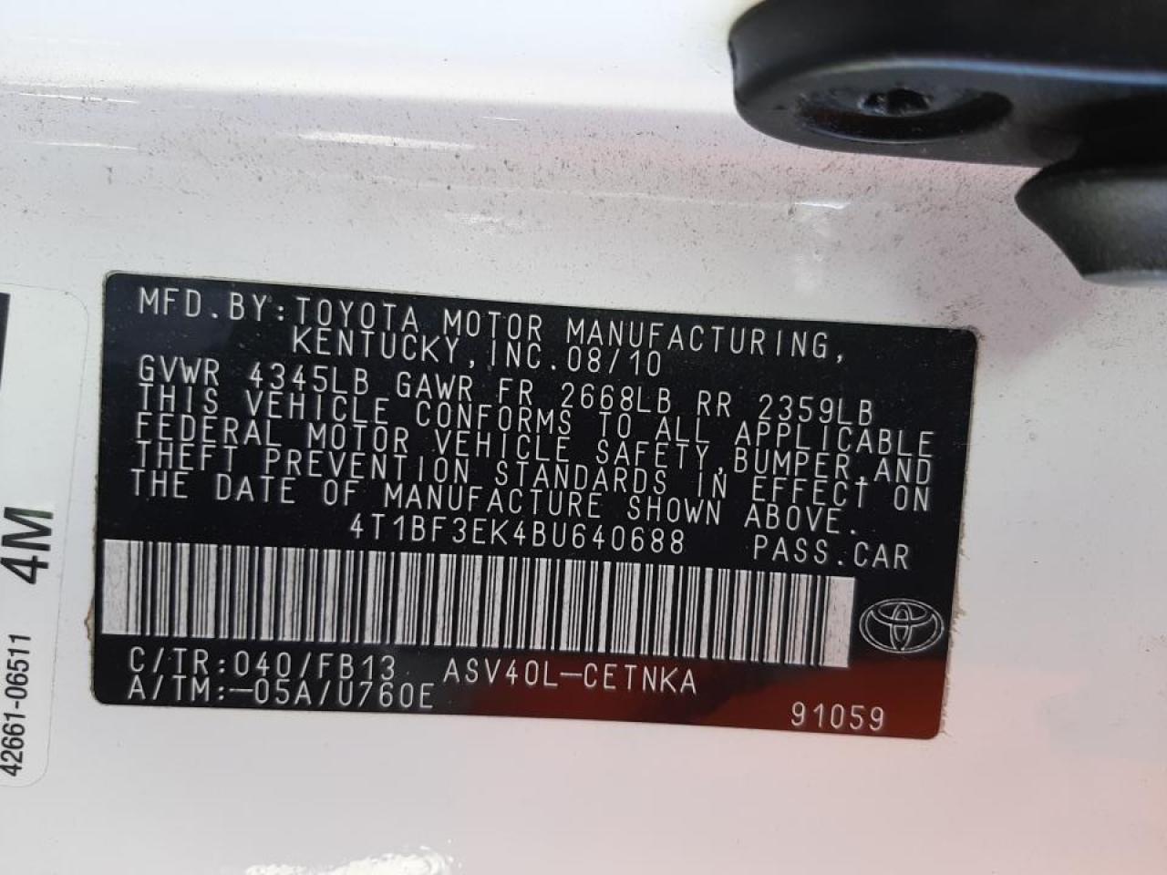 Photo 10 from auction – 2011 TOYOTA CAMRY BASE with VIN 4T1BF3EK4BU640688