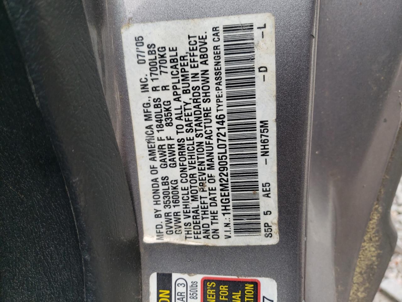 Photo 10 from auction – 2005 HONDA CIVIC EX with VIN 1HGEM22905L072146