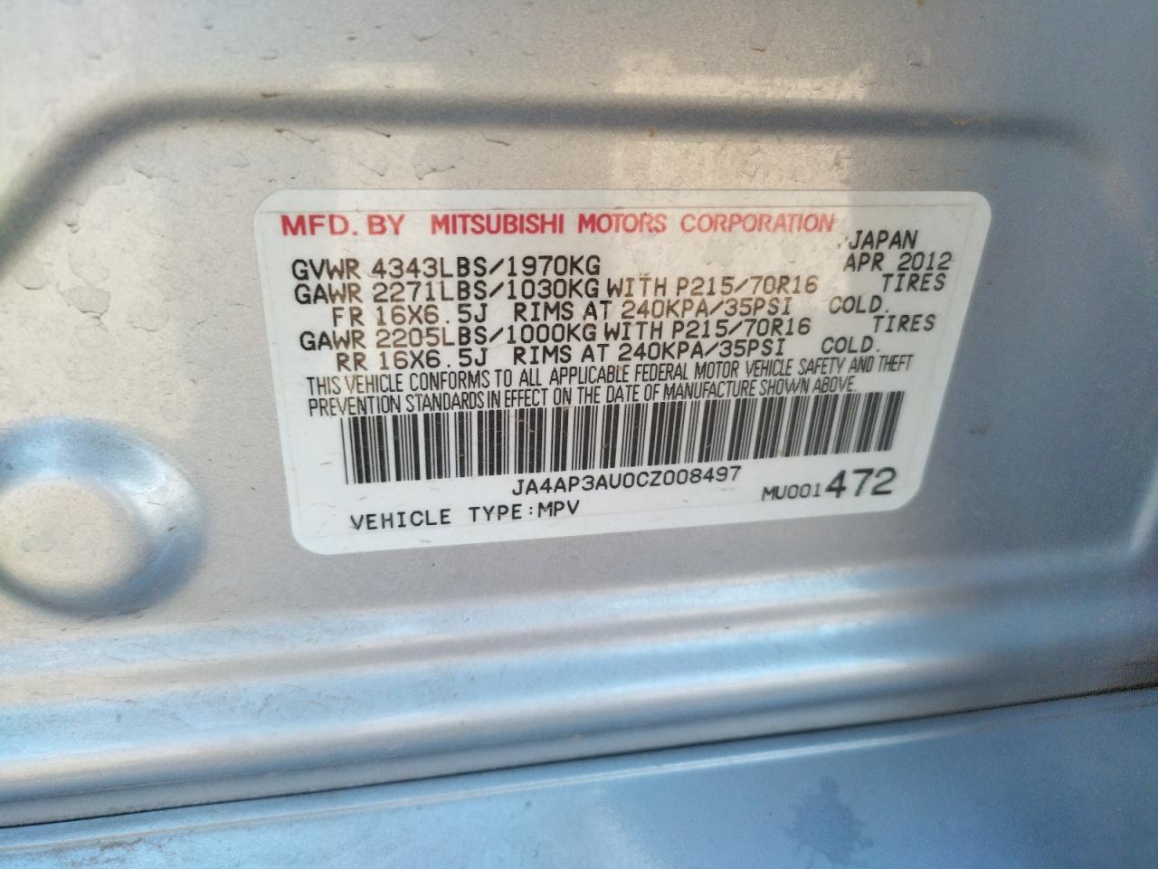 Photo 10 from auction – 2012 MITSUBISHI OUTLANDER with VIN JA4AP3AU0CZ008497