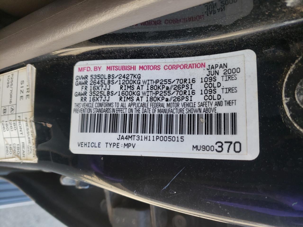 Photo 10 from auction – 2001 MITSUBISHI MONTERO with VIN JA4MT31H11P005015