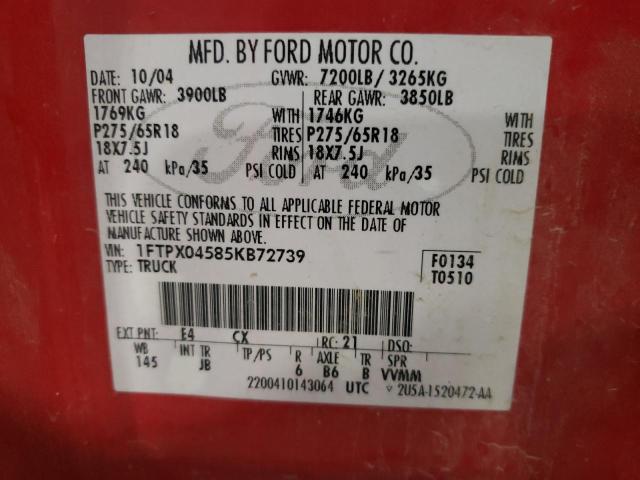 Photo 10 from auction – 2005 FORD F150 with VIN 1FTPX04585KB72739