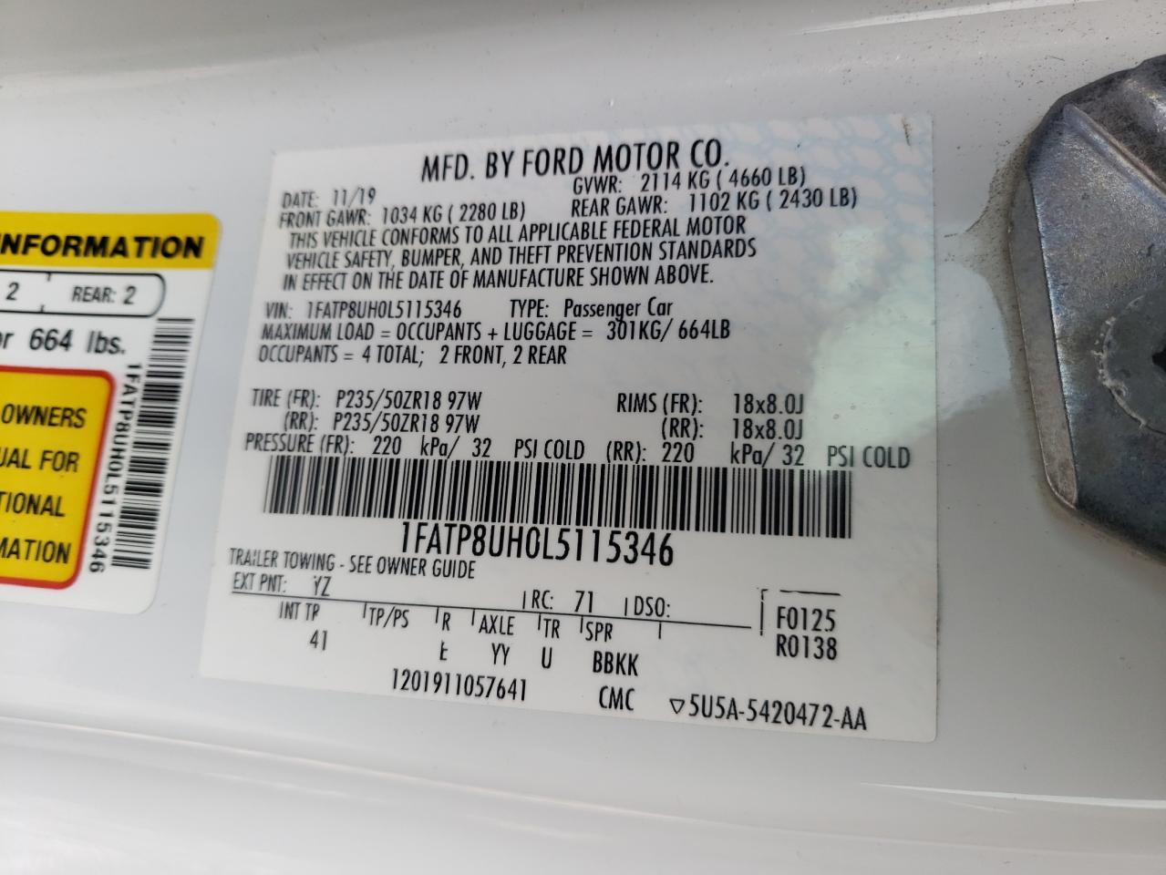 Photo 10 from auction – 2020 FORD MUSTANG with VIN 1FATP8UH0L5115346