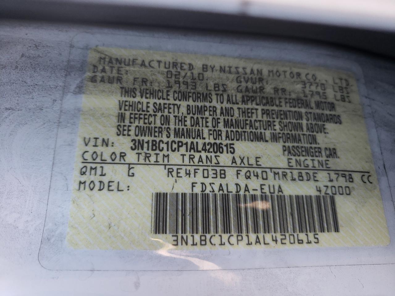 Photo 10 from auction – 2010 NISSAN VERSA S with VIN 3N1BC1CP1AL420615