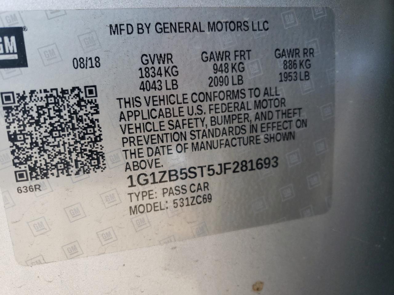 Photo 10 from auction – 2018 CHEVROLET MALIBU LS with VIN 1G1ZB5ST5JF281693