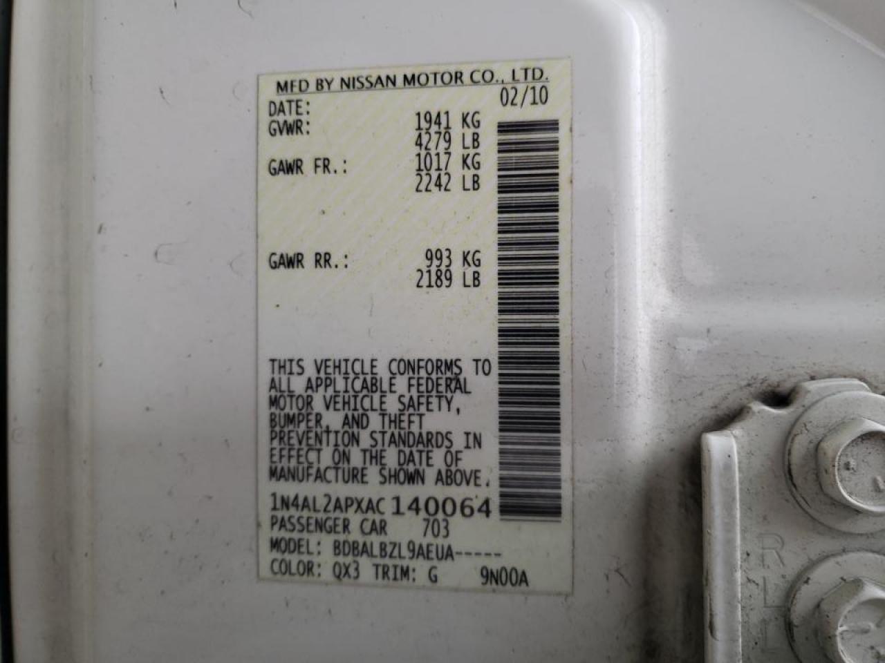 Photo 10 from auction – 2010 NISSAN ALTIMA BAS with VIN 1N4AL2APXAC140064