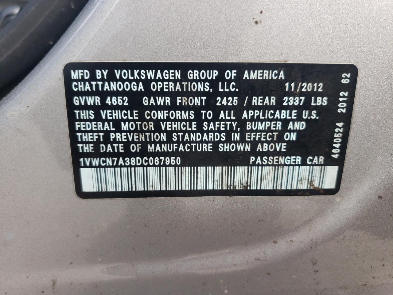 Photo 10 from auction – 2013 VOLKSWAGEN PASSAT SEL with VIN 1VWCN7A38DC067950