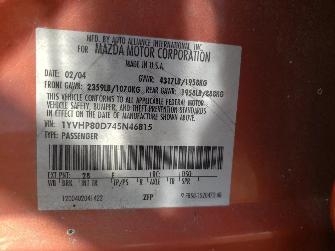 Photo 10 from auction – 2004 MAZDA 6 S with VIN 1YVHP80D745N46815