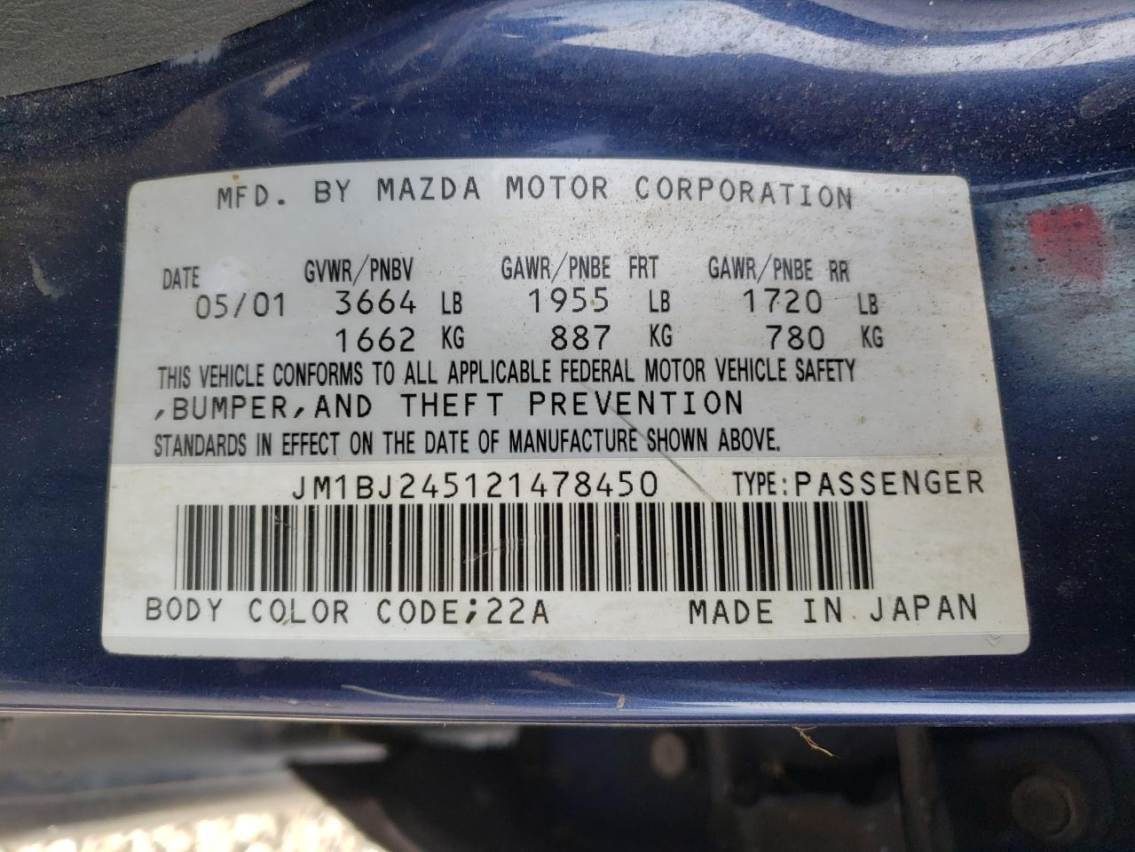 Photo 10 from auction – 2002 MAZDA PROTEGE PR with VIN JM1BJ245121478450