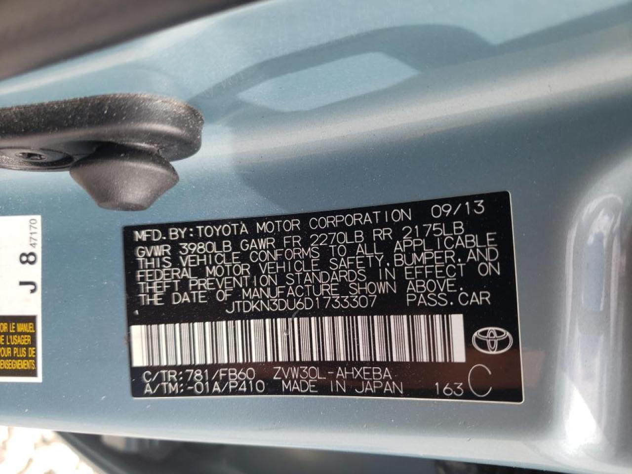 Photo 10 from auction – 2013 TOYOTA PRIUS with VIN JTDKN3DU6D1733307