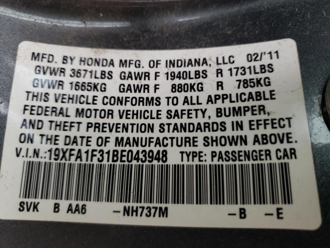 Photo 10 from auction – 2011 HONDA CIVIC VP with VIN 19XFA1F31BE043948