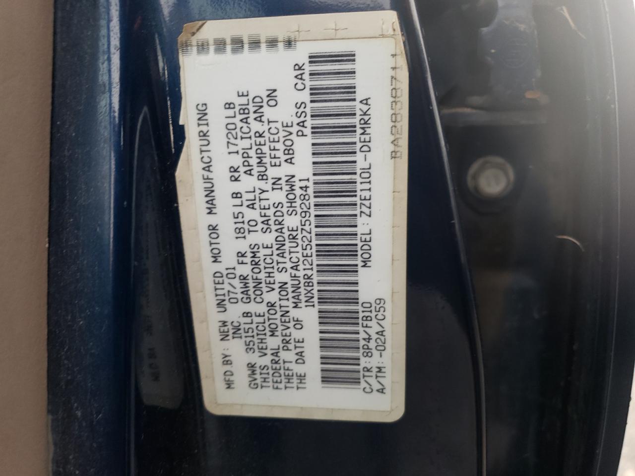 Photo 10 from auction – 2002 TOYOTA COROLLA CE with VIN 1NXBR12E52Z592841