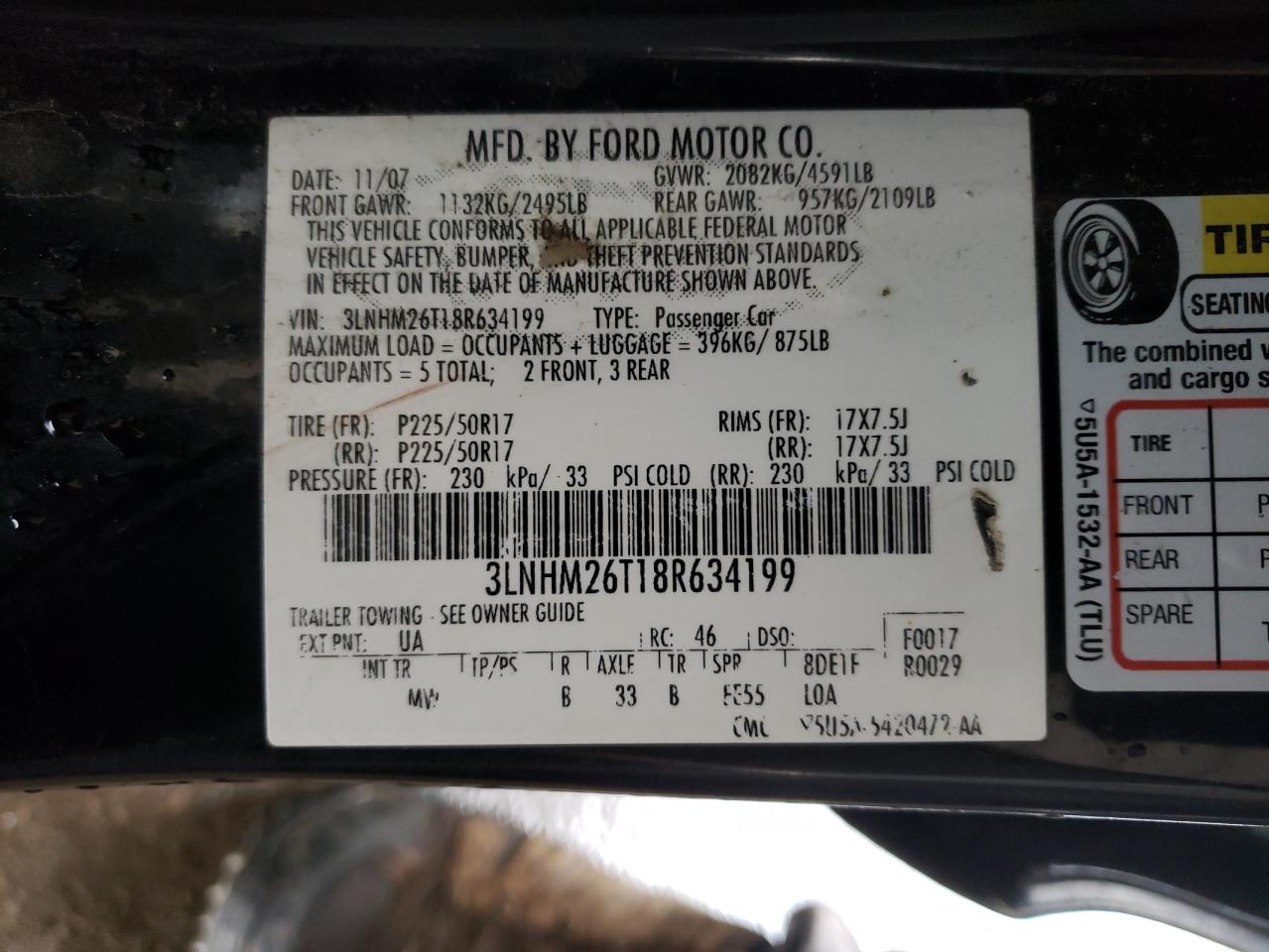 Photo 10 from auction – 2008 LINCOLN MKZ with VIN 3LNHM26T18R634199