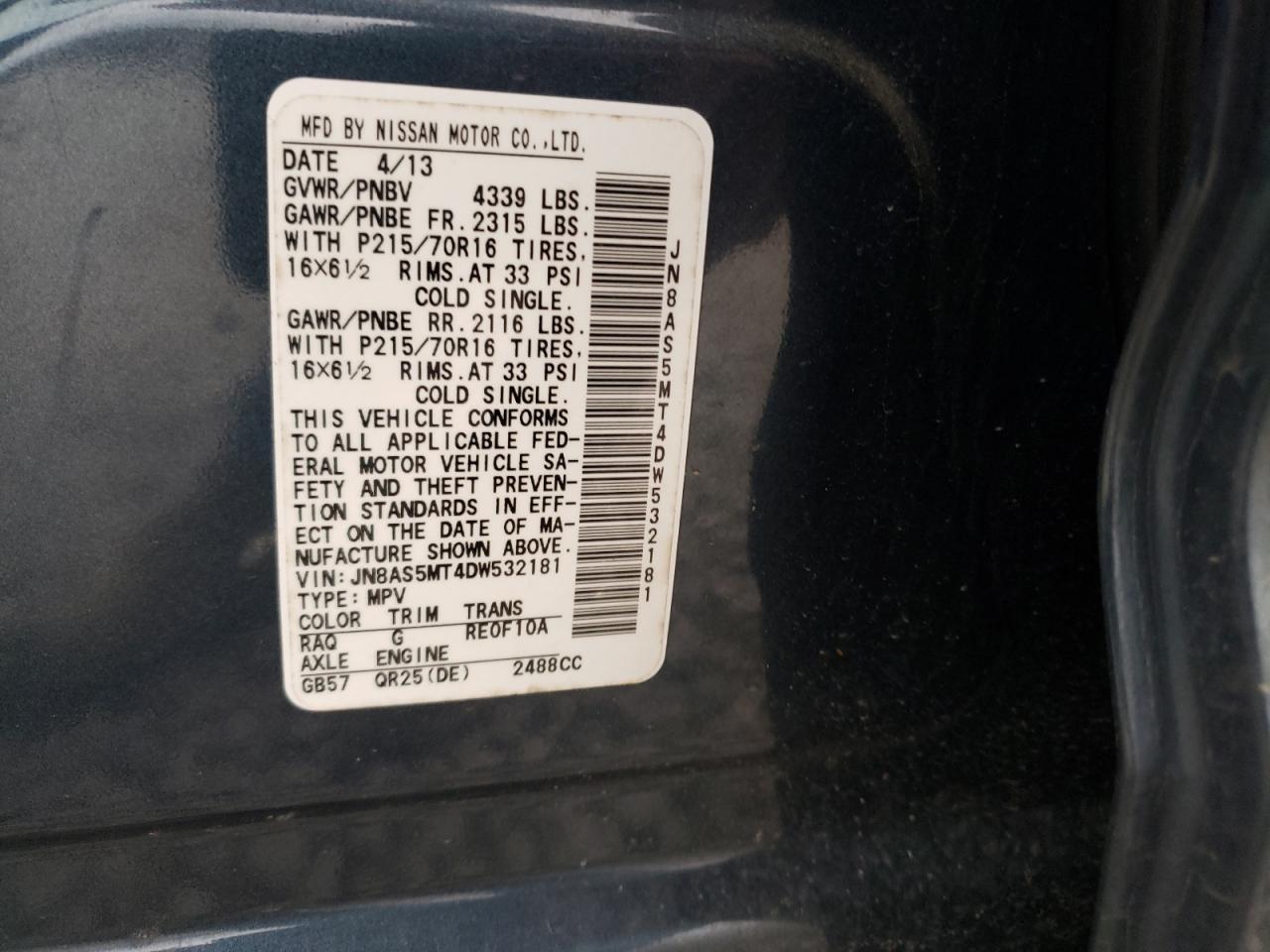 Photo 10 from auction – 2013 NISSAN ROGUE S with VIN JN8AS5MT4DW532181