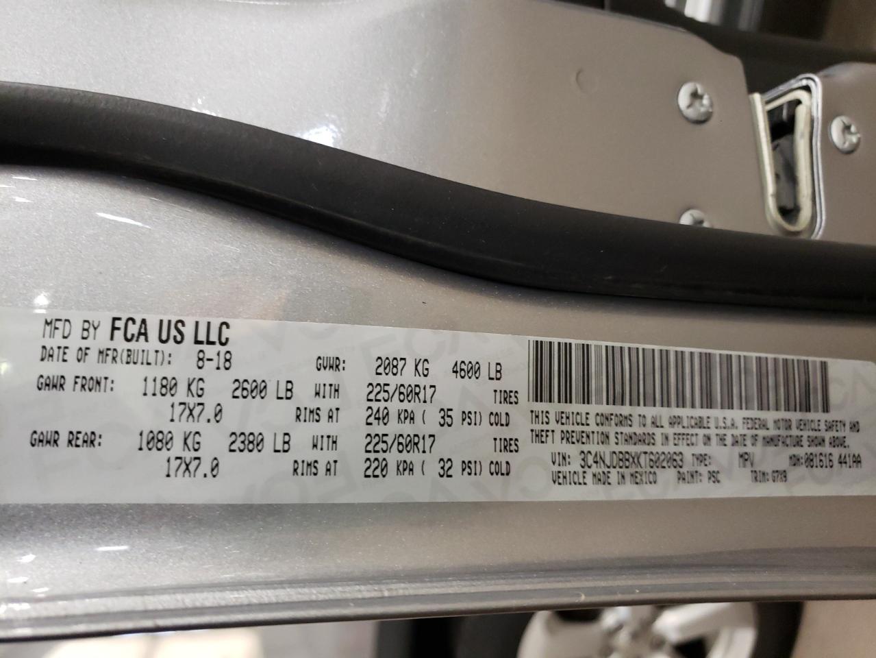 Photo 10 from auction – 2019 JEEP COMPASS LA with VIN 3C4NJDBBXKT602063