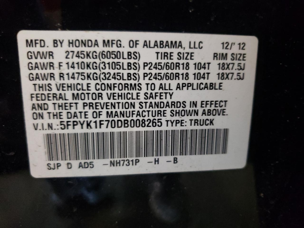 Photo 10 from auction – 2013 HONDA RIDGELINE with VIN 5FPYK1F70DB008265