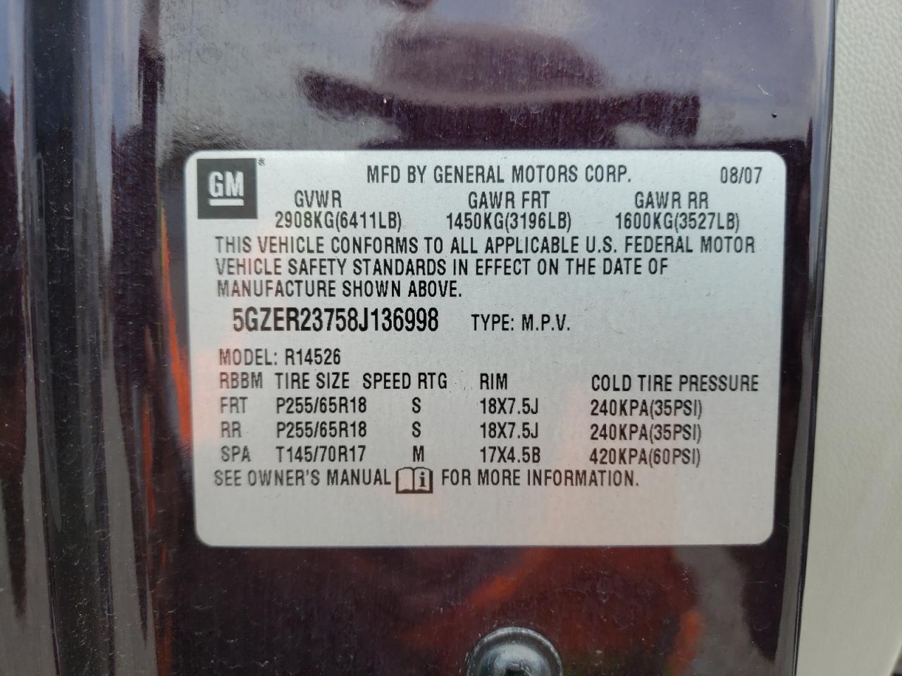 Photo 10 from auction – 2008 SATURN OUTLOOK XR with VIN 5GZER23758J136998