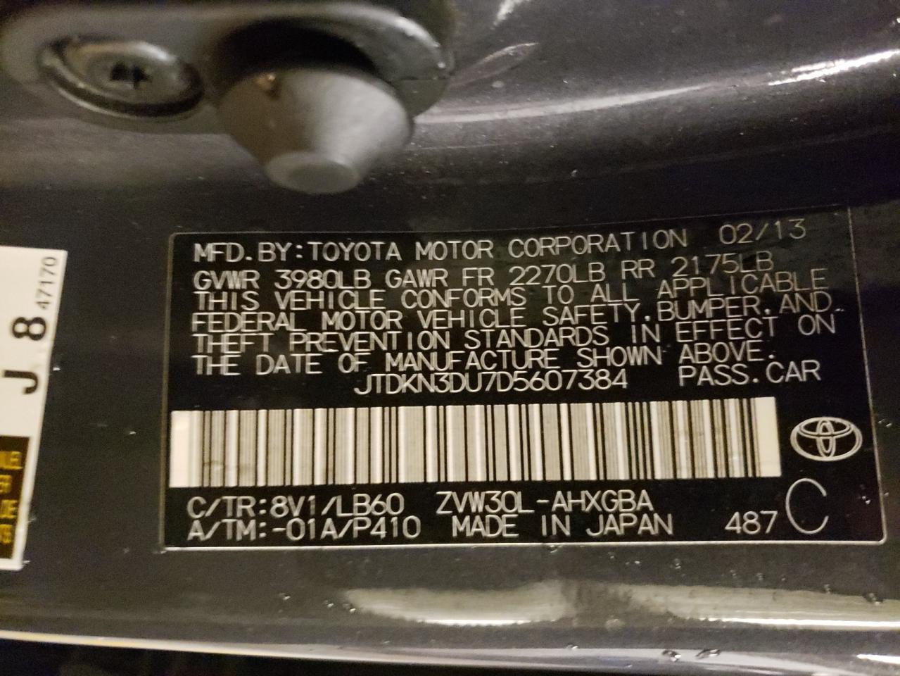 Photo 10 from auction – 2013 TOYOTA PRIUS with VIN JTDKN3DU7D5607384