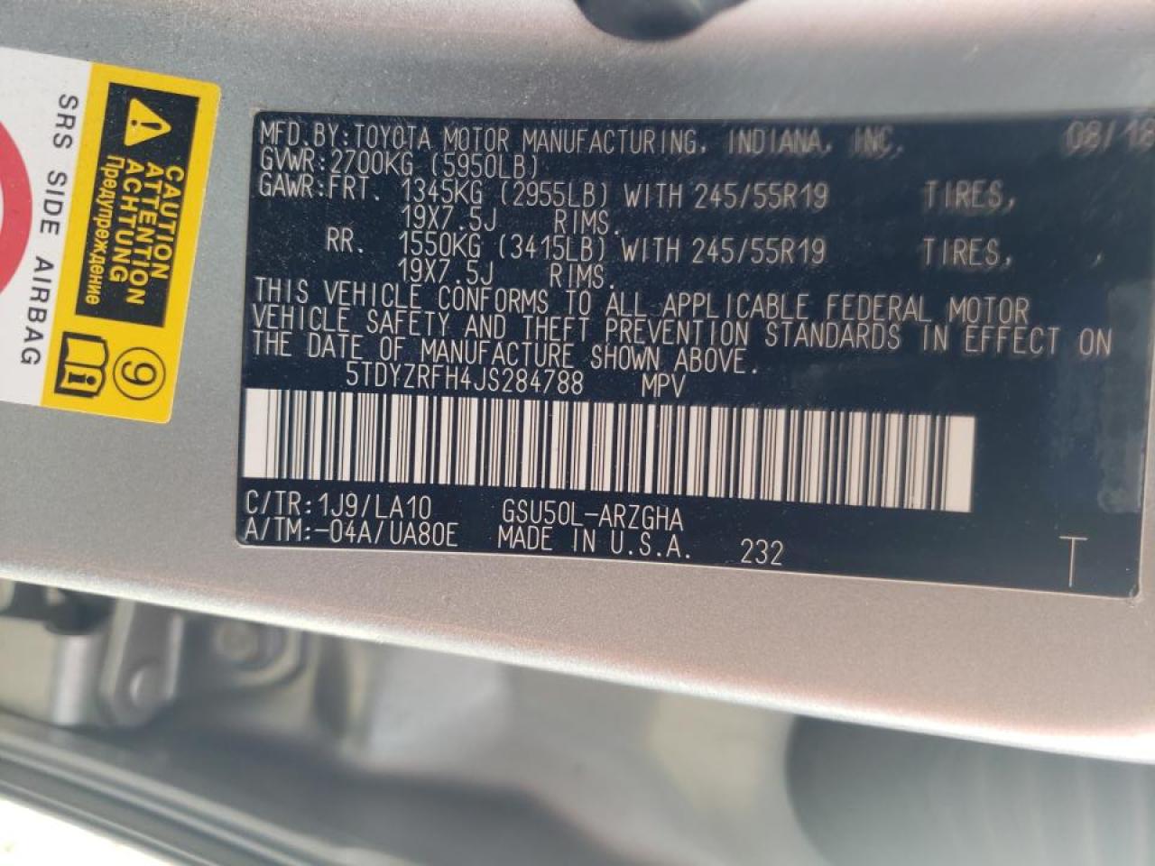 Photo 10 from auction – 2018 TOYOTA HIGHLANDER with VIN 5TDYZRFH4JS284788
