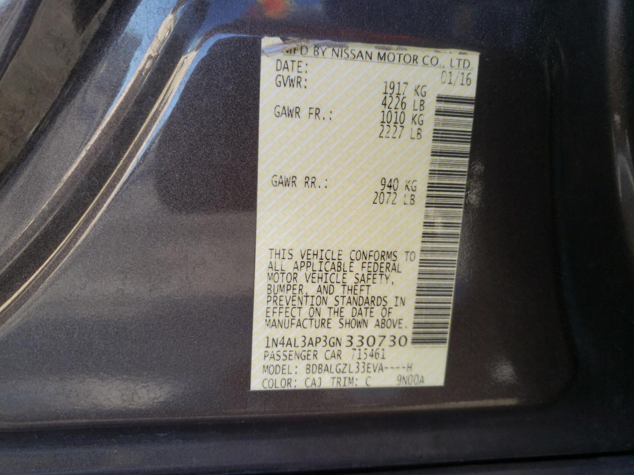Photo 10 from auction – 2016 NISSAN ALTIMA 2.5 with VIN 1N4AL3AP3GN330730