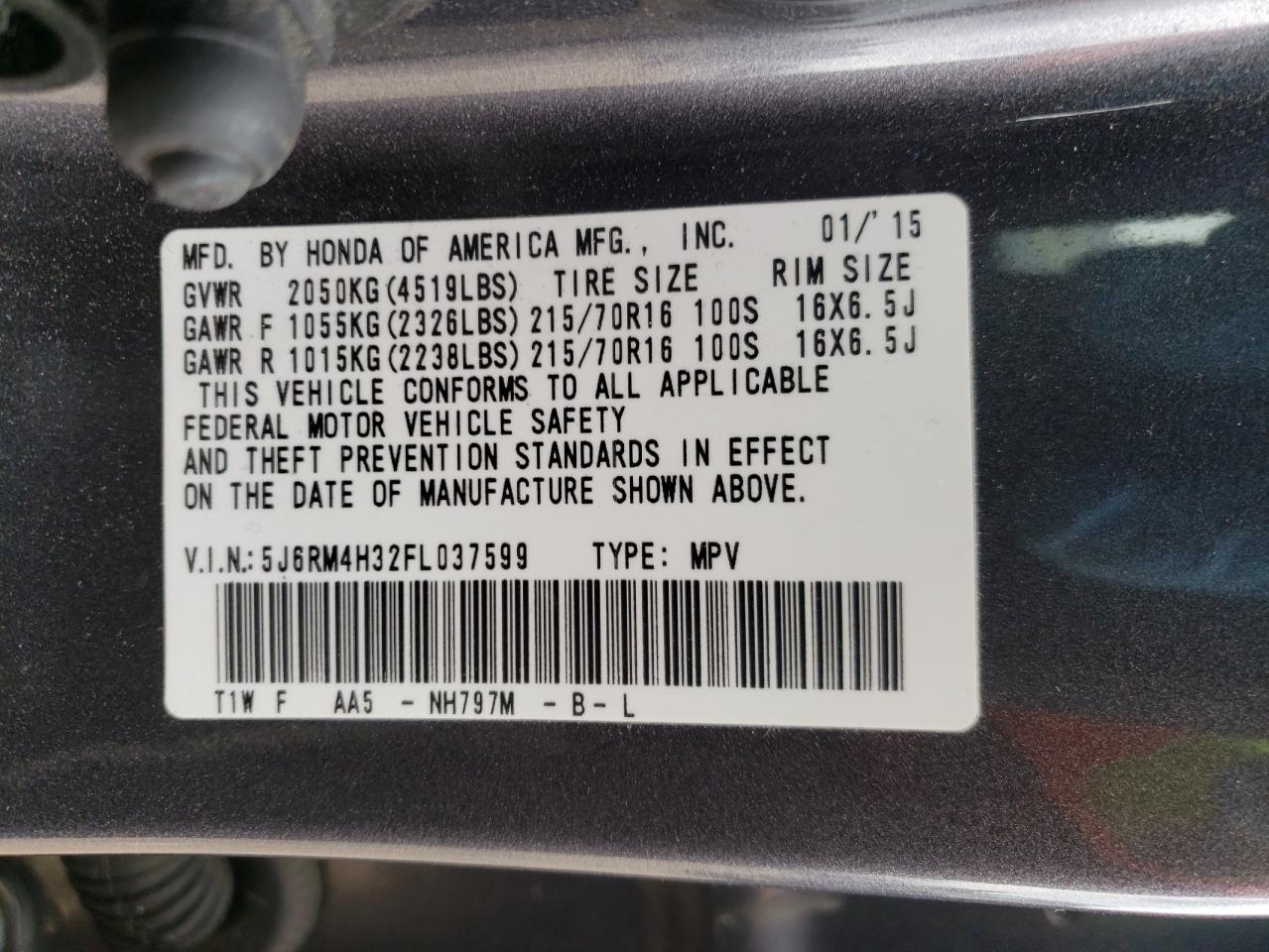 Photo 10 from auction – 2015 HONDA CR-V LX with VIN 5J6RM4H32FL037599