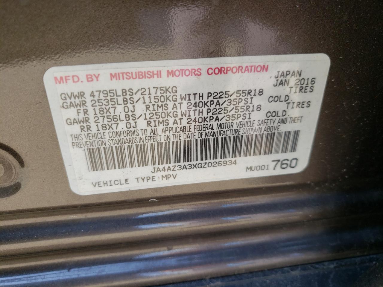 Photo 10 from auction – 2016 MITSUBISHI OUTLANDER with VIN JA4AZ3A3XGZ026934