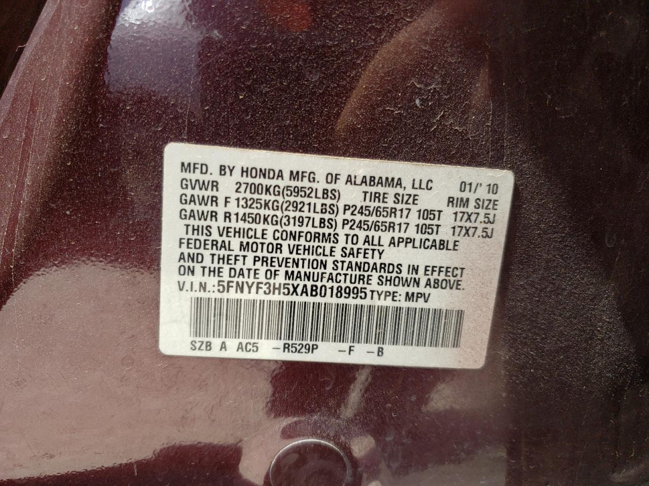 Photo 10 from auction – 2010 HONDA PILOT EXL with VIN 5FNYF3H5XAB018995