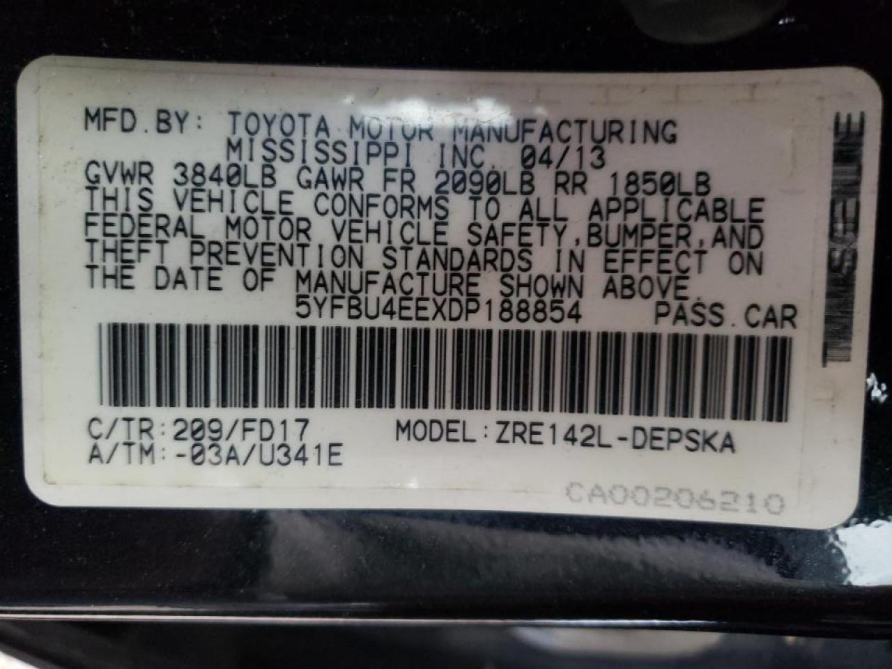 Photo 10 from auction – 2013 TOYOTA COROLLA BA with VIN 5YFBU4EEXDP188854