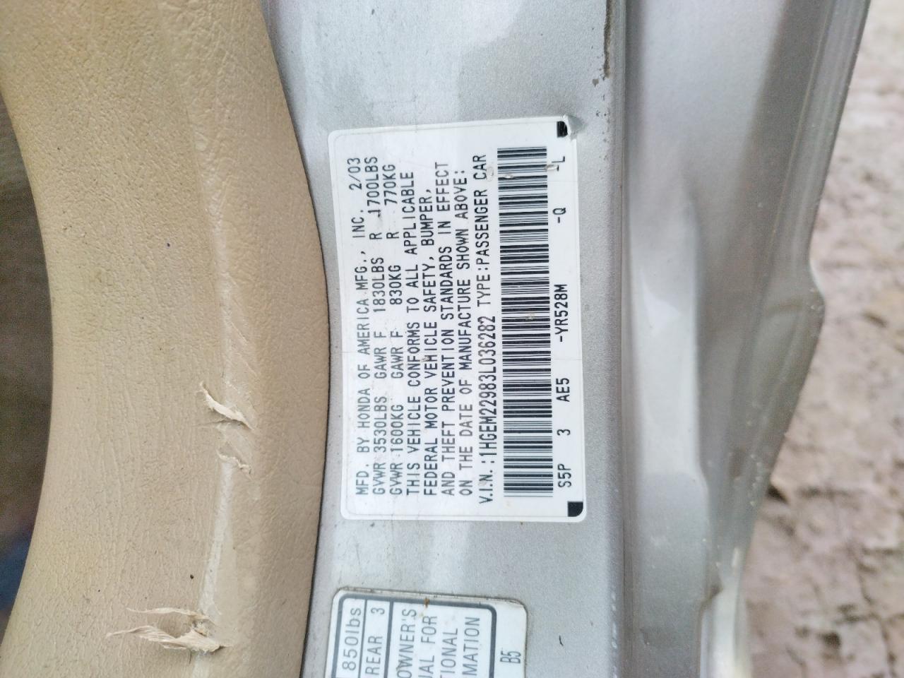 Photo 10 from auction – 2003 HONDA CIVIC EX with VIN 1HGEM22983L036282